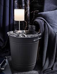 A Knodd Bin Is Topped With A Decorative Tray To Create A Side Table And Has A Lamp And Cup Of Coffee Resting On It Ikea Diy Side Table Diy End