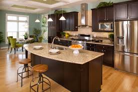 Kitchen Dining Room Open Layout Design With Dark Cabinets Light Colored Granite And Stainless Steel Appliances Custom Kitchens Open Dining Room New Kitchen