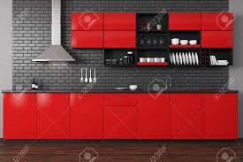 Meanwhile in the red kitchen. Front View Of Modern Red Kitchen Interior With Wooden Floor Furniture And Equipment 3d Rendering Stock Photo Picture And Royalty Free Image Image 87302177