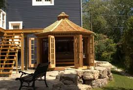 This jacuzzi hot tub dimensions are 84×84x36, complimented by a wooden decking surround. Spa Enclosures Backyard Gazebos Summerwood Products