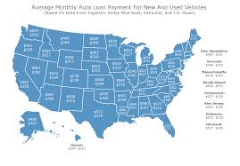 map shows the average monthly auto loan payment in every state