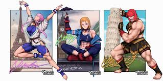 hershuar, cammy white, manon legrand, marisa (street fighter), street  fighter, street fighter 6, highres, 3girls, abs, biceps, blonde hair,  character name, crop top, eiffel tower, elizabeth tower, fingerless gloves,  forced perspective, gloves,