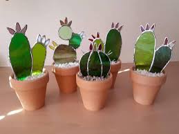 These Stained Glass Cactus Decorations Are Made Using The Tiffany Copper Foil Method In My Small Home S Glass Cactus Stained Glass Flowers Stained Glass Crafts