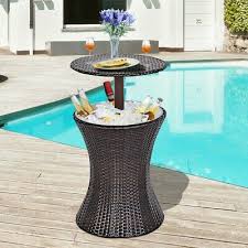 Outdoor Cool Bar Rattan Adjustable Coffee Table With Ice Bucket Cooler For Garden Patio Pool Party Main Mater Adjustable Coffee Table Cool Bars Patio Garden
