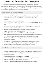 Senior Lab Technician Job Description | Velvet Jobs