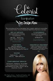 Let the highly trained hairstylists from the hairsalon provide you with the desire cut. Cleveland Hair Salon Menu The Colorist Bar And Salon Salon Menu Hair Salon Hair Salon Decor