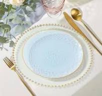 10-Pack Plastic Round Dinner Plates 9" Transparent Dusty Blue Hammered  Design with Gold Rim - Modern Disposable Party Plates