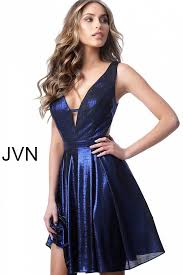 Royal Blue Fit And Flare Sleeveless Cocktail Dress Jvn Metallic Glitter Metallic Cocktail Dresses V Neck Cocktail Dress Short Cocktail Dress