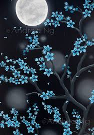 Acrylic Black And White Canvas Painting Blue Cherry Blossom Painting Surreal Art Gothic Painting Moon Cherry Blossom Painting Black Canvas Paintings Black Background Painting