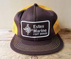 Vintage 80s Estes Marine Fort Bragg Golden Mesh Trucker Hat Snapback Cap Usa In 2020 Mesh Trucker Hat Trucker Hat Hats