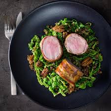Serve with sliced pork and avocado; Bacon Wrapped Pork Tenderloin With Cabbage And Lentils Krumpli