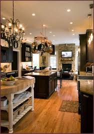 Espresso Cabinets Light Floors Butcher Block Island Floor To Ceiling Stacked Stone Fireplace Home Modern Kitchen Island Design Dream House