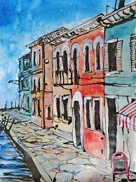 Venedig Strassenansicht Acryl Aquarell Tusche 30 X 40 Cm 2015 Aquarell Aquarell Ideen Malen Und Zeichnen