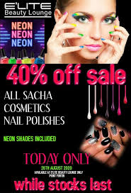 Today only!!! 😉40% off sale on....... Sacha Cosmetics Nail Polishes....  💅Only @ E'Lite Beauty Lounge Point Fortin. 🤗💕💅
