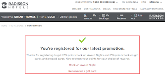 Hotels com gift card redeem. Redeem Radisson Rewards Points For Gift Cards 0 Visa Gc For 67k Points 15 Rebate Rebate Posted Vgcs Received