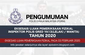 Jawatan konstabel polis yt1 boleh dimohon menerusi borang suruhanjaya perkhidmatan awam (spa). Panggilan Eksesais Ujian Pemeriksaan Fizikal Inspektor Polis Ya13 Tahun 2020