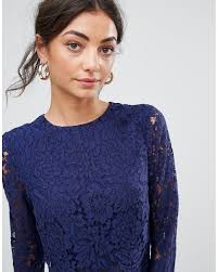 Women's new & vintage dresses. Asos Wedding Lace Long Sleeve Midi Pencil Dress In Navy Blue Lyst