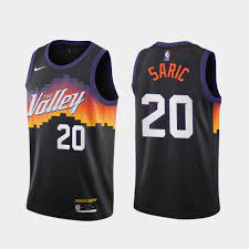The purple jersey with an orange trim features a los suns across the chest and resembles the jersey the suns used to wear in the kevin johnson days. Dario Saric 20 Suns 2020 21 City Edition The Valley Jersey Saric