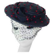 Navy Blue Straw Hat With Red Felt Polka Dots C 1950 Blue Straw Hat Black Straw Hat Red Felt