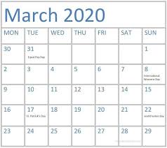 Holidays Calendar Mar 2020 In 2020 Calendar Uk Holiday Calendar Calendar Printables
