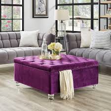 Inspired Home Saige Purple Velvet Tufted Square Acrylic Leg Cocktail Table Storage Ottoman On15 02pl Hd The Home Depot Square Storage Ottoman Storage Ottoman Storage Ottoman Coffee Table