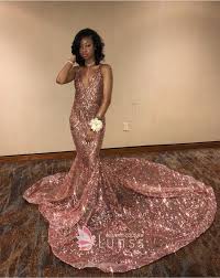 Rose Gold Sequin Plunging V Neck Mermaid Prom Dress Prom Dress With Train Prom Girl Dresses Sparkly Prom Dresses