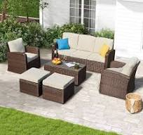 6 Pieces Rattan Patio Furniture Set Wicker Outdoor Conversations Sets with  Table and Ottomans for Beckyard Garden (Beige)