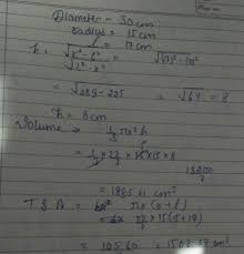 Use the height of the cone and the radius of the base to form a right triangle. Find The Volume And The Total Surface Area Of A Cone Having Slant Height 17 Cm And Base Diameter 30 Brainly In
