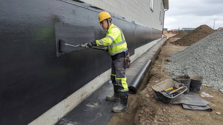 Waterproofing work in progress on concrete foundation block walls in Birmingham