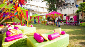 Party wedding decoration pink and white paper circle garland our pink and white paper circle garland party banner is great for the party and events background. Colourful Pink And Green Mehendi Decor For Day Wedding Shonan Adesh Thedelhibride An Indian Wedding Blog