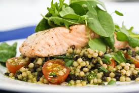 Giant couscous is toasted, rather than dried, so this gives it a nutty flavour, with a light, yet hearty texture. Salmon With Healthy Puy Lentil And Wholewheat Giant Couscous Salad Chefs Blog