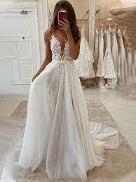 A Line Princess V Neck Sleeveless Chiffon Applique Sweep Brush Train Wedding Dresses Dream Wedding Dress Lace Wedding Dresses Lace Wedding Dresses