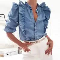 2022 fashion design ladies ruffled shirt ruffled denim shirt jeans ruffle blouse
