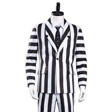 These boxer briefs have a black & white striped design, just like beetlejuice's suit and a black elastic waistband featuring a beetlejuice text design. Beetlejuice Adam Men Black And White Striped Suit Jacket Shirt Pants O Cosplaygift