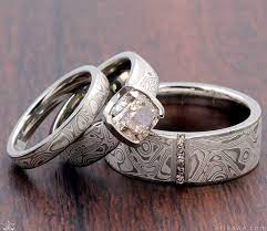 Mokume Gane Rings Alternative Luxury Wood Grain Wedding Bands Steel Wedding Ring Meteorite Wedding Rings Pink Morganite Engagement Ring
