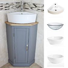 The walls of the bathroom are painted in a sophisticated pattern with blue ribbon decals, which nicely complements the ceramic decorations. Grey Painted Bathroom Corner Compact Vanity Unit Ceramic Glass Basin Ebay