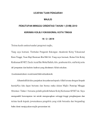 Teks ucapan majlis penutup minggu orientasi. Teks Ucapan Pengarah Penutup Orientasi Docx