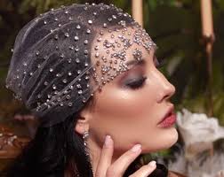 Flapper style cap, Diamonties embroidered tulle cap, Great Gatsby inspired  headpiece, alternative veil, 20's vintage flapper style, sparkle