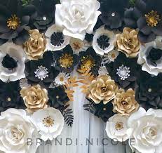 Merry christmas card with gold typography, botanical floral design of holly berries and green plant on white paper sheet. Black White And Gold Giant Paper Flower Backdrop By Brandi Nicole Order Via Email Chicart Giant Paper Flower Backdrop Giant Paper Flowers Paper Flower Backdrop