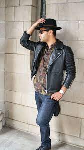 Camo Print Shirt Moto Leather Jacket Fedora Urban Cowboy Menswear Fall Street Style Fashion Camouflage Fashion Mens Outfits Autumn Street Style