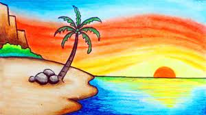 Lukisan sunset adalah lukisan bertema keindahan pantai pada senja hari. How To Draw Easy Sunset Scenery For Kids Gambar Simpel Pemandangan Cara Menggambar