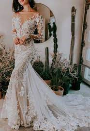 Sheer Floral Lace Wedding Dress With Long Sleeves Kleinfeld Bridal Floral Lace Wedding Dress Essense Of Australia Wedding Dresses Wedding Dresses Lace