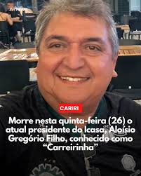 O atual presidente do Icasa, Aloísio Gregório, faleceu nesta quinta-feira,  dia 26, por volta das 6h50 no Hospital Regional do Cariri, em Juazeiro do  Norte. Ele havia sido internado na quinta-feira, 19,
