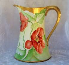 Attractive Old Abbey Limoges France 1900s Hand Painted Burnt Orange Poppy 7 Pitcher Antique Glassware Porcelain Painting Hand Painted