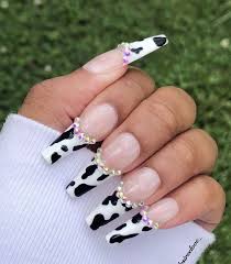 Black And White Cow Print Acrylic Nails Cow Print Design Tips Cow Nails Long Acrylic Nails Swag Nails