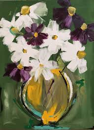Original Flower Vase Painting On A Wood Panel Green Daisy Art Etsy Flowers In Vase Painting Daisy Art Flower Painting