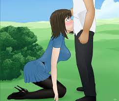 :>= background big breasts black pants blowjob blue eyes blue  shirt blue skirt blush brown hair clothed sex deepthroat eye contact  faceless male fellatio fringe high heels initial d