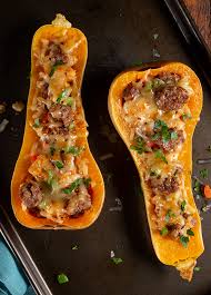 Sausage Stuffed Butternut Squash Recipe Recipes Vegetable Recipes Veggie Dishes