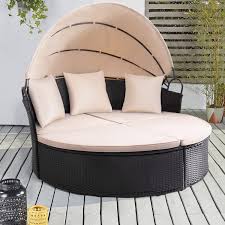They are mainly set around the swimming pool, the garden. Buy Kaimeng Patio Furniture Round Outdoor Daybed With Retractable Canopy Wicker Rattan Sectional Sofa For Lawn Garden Backyard Pool Beige Online In Indonesia B084vk829j