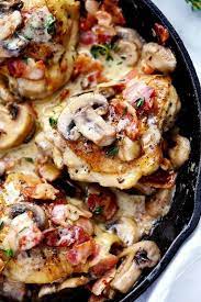 Creamy Bacon Mushroom Thyme Chicken Bacon Recipes For Dinner Bacon Dinner Bacon Stuffed Mushrooms